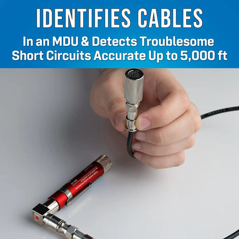 Hand using Coax Cable Tracer And Pocket Continuity Tester With Toner Audible Beep And LED Identifies Cables In MDUs