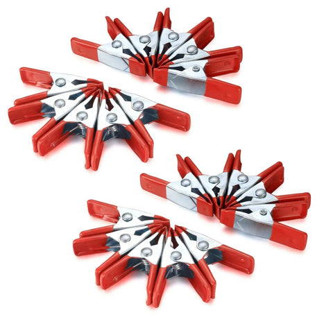 Heavy Duty 2 Inch Metal Spring Clamps Set, 20 Pieces with red rubber tips, arranged in groups, for woodworking and photography projects