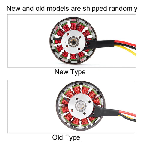 Top view of two brushless motors labeled new and old types, showcasing coil designs and wiring on heavy duty brushless motor 5010 360KV.
