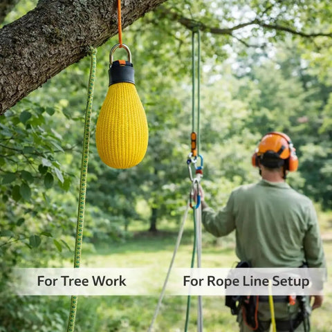 Heavy Duty Outdoor Throw Bag 280g For Arborists And Climbers hanging on tree branch for rope setup