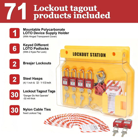 Lockout Tagout Station Kit With 6 Safety Padlocks, 2 Hasps, 2 Small Breaker Locks, 30 Loto Tags, 30 Nylon Ties, Wall Mounted Safety Box Ready To Roll For OSHA Compliance And Quick Lockout Setup