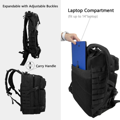 Heavy Duty 45L Tactical Backpack For Men With MOLLE System and 3 Day Bug Out Bag design, showing adjustable buckles and laptop pocket