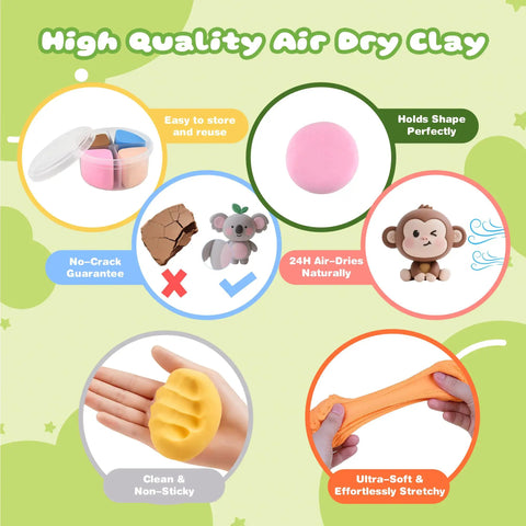 Air Dry Clay Kit For Kids With 12 Animal Figures Modeling Clay Set showcasing colorful clay and animal models.