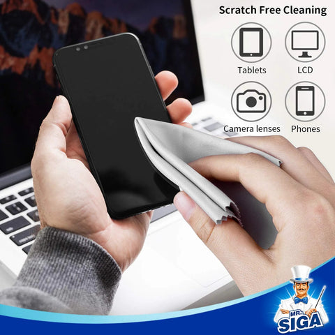 MR.SIGA microfiber cleaning cloth wiping smartphone screen; gray, 6x7 inches, close-up view