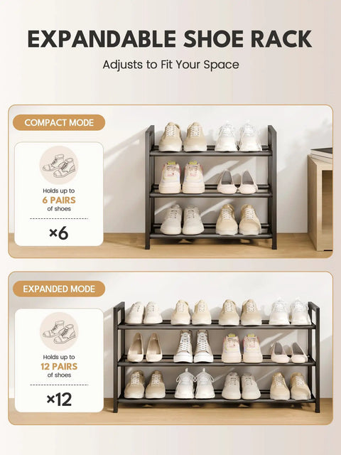 3 Tier Expandable Shoe Rack For Closet That Expands From 18 To 33 Inches To Stash 12 Pairs Of Adult Footwear Featuring No Hassle Setup And Solid Black Finish To Keep Your Space Looking Crisp And Uncluttered