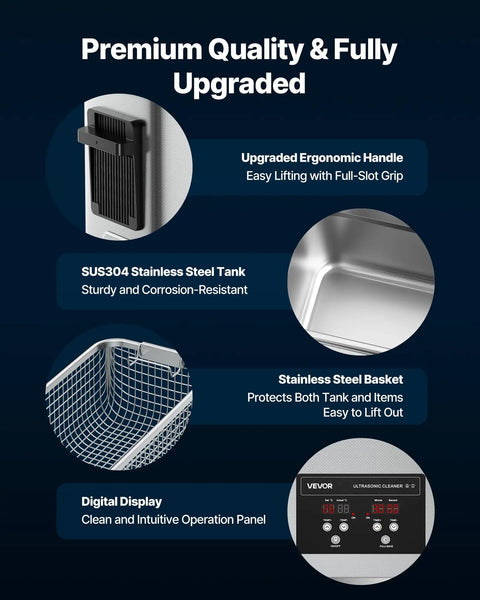 Close-up of the digital display and upgraded ergonomic handle of the 6L Stainless Steel Ultrasonic Cleaner With Digital Display And Cleaning Basket Kicks Grime Off Jewelry Watches And Tools Using Smooth 40 khz Waves To Keep Your Everyday Gadgets Spotless Without The Headache.