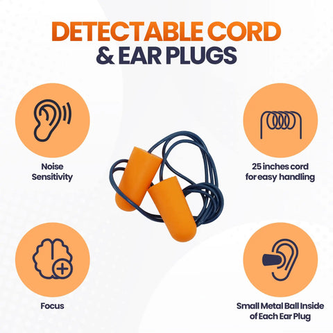 Detectable Foam Earplugs 50 Pairs NRR 32dB With Detectable Cord For Food Service Industry Pharmaceutical Pulp And Paper Sectors Noise