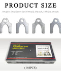 Pro-Grade Universal Car Alignment Shim Kit with 144 Pieces, showing zinc-plated shims in four sizes with a storage box.