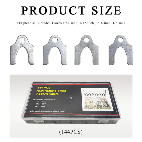 Pro-Grade Universal Car Alignment Shim Kit with 144 Pieces, showing zinc-plated shims in four sizes with a storage box.