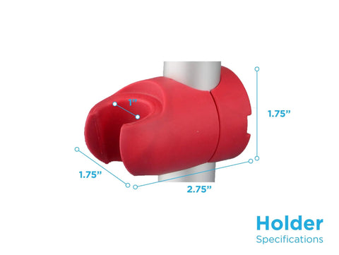Side view of a red 2.75-inch handheld shower holder attachment with universal mount specifications for bath seats, transfer benches, bath stools.