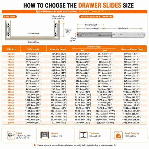 Size chart for Beefy Locking Drawer Slides 500 Lb Capacity Side Mount Runner Pair with measurements and dimensions.
