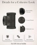 Close-up of Ten Pack One Half Inch Malleable Cast Iron Pipe Tees showing dependable threads, coated finish, malleable iron for DIY projects.