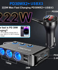 Plug Straight Into Your Whip With This Eight In One Cigarette Lighter Adapter Packing Triple Sockets Two Pd 30W Usb C Ports And Three Rock Solid Usb Ports To Keep Phones Dash Cams Tablets Fully Charged On Every Trip. Compact car charger displaying ports and power output.