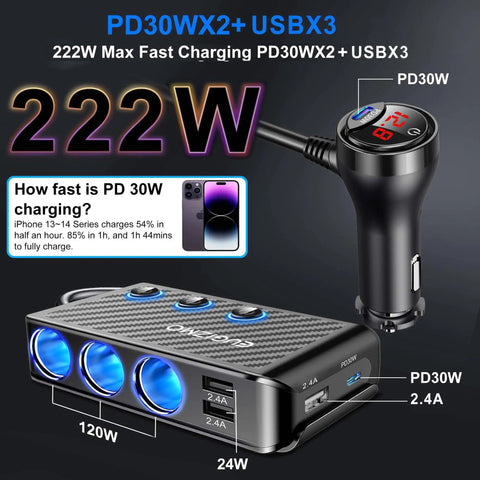 Plug Straight Into Your Whip With This Eight In One Cigarette Lighter Adapter Packing Triple Sockets Two Pd 30W Usb C Ports And Three Rock Solid Usb Ports To Keep Phones Dash Cams Tablets Fully Charged On Every Trip. Compact car charger displaying ports and power output.