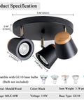Three Light Directional Spotlight Track Lighting Kit In Matte Black And Natural Wood Finish Semi Flush Mount Adjustable Heads