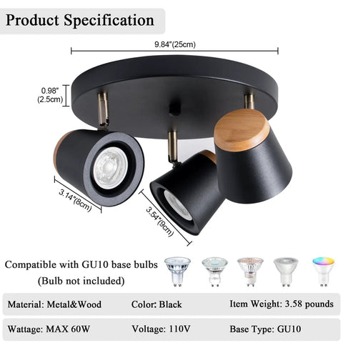 Three Light Directional Spotlight Track Lighting Kit In Matte Black And Natural Wood Finish Semi Flush Mount Adjustable Heads