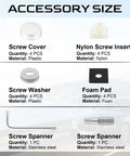 Heavy Duty Stainless Steel License Plate Screws Kit parts list with screw covers, washers, foam pads, and spanners organized neatly.