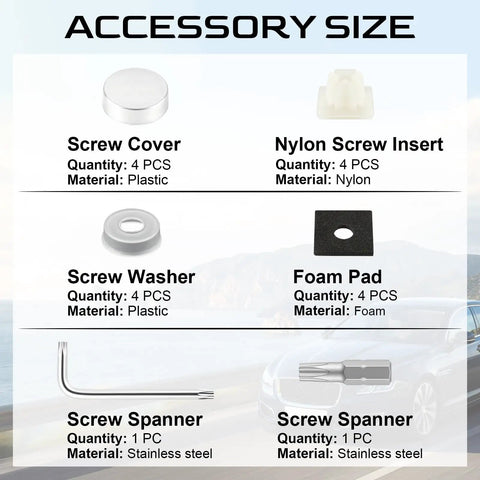 Heavy Duty Stainless Steel License Plate Screws Kit parts list with screw covers, washers, foam pads, and spanners organized neatly.