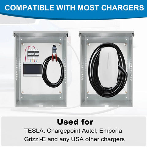 EV Charger Cover For Tesla Wall Charger Outdoor Enclosure With Rock Solid Galvanized Steel Body And IP65 Weatherproof Seal featuring compatibility with various chargers.