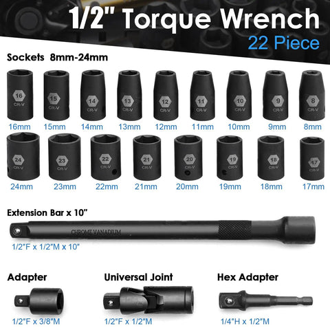 Twenty Two Piece Torque Wrench Set Half Inch Drive Ten To One Hundred Eighty Foot Pounds And Thirteen Point Six To Two Hundred Forty Four Point One Nm Includes Impact Sockets Seventy Two Tooth Quick Release Ratchet And Click Torque For DIY Car Repair, 22-piece view with 8-24mm sockets, extension bar, and adapters.