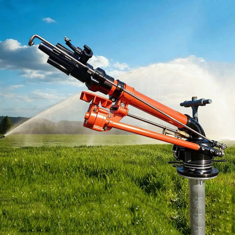 Workhorse Farm Irrigation Sprinkler System With 1.2M Rack, 2 Inch Water Sprayer, irrigation in field, visible pressure gauge