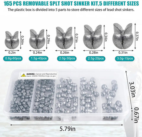 Split Shot Fishing Weights Set With Removable Clip On Sinkers For Fly Line Sinking Saltwater And Freshwater Bass Tackle 165 Piece