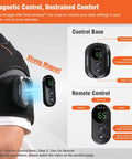 Cordless Shoulder Heating Pad with detachable remote showing close-up of control panel with heat and vibration modes.