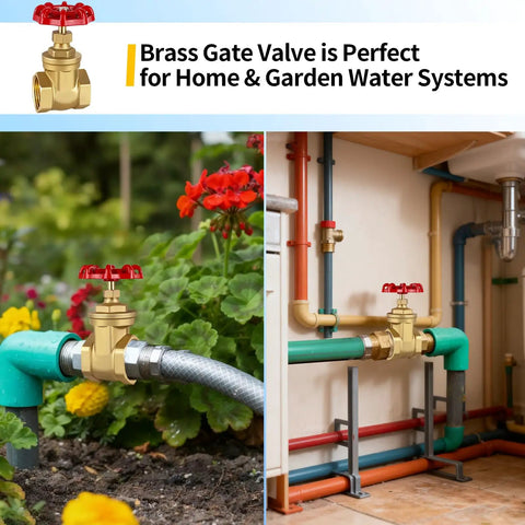 Two images showing 1 Inch NPT Brass Gate Valve, 200 WOG Manual Rotary Sluice Valve with Wheel Handle in garden and plumbing setups