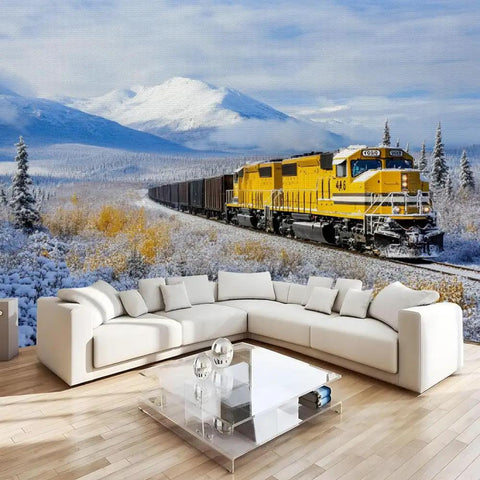 Steam Locomotive Wall Mural With Self Adhesive Backing, Large Train Wallpaper 78.7 by 55.2 Inches, mountain scene