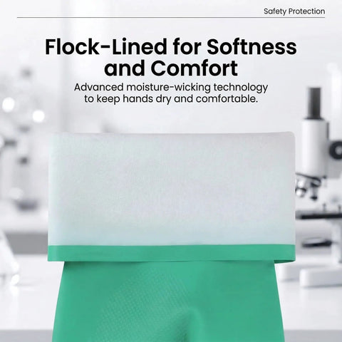 Close-up of Real Deal Nitrile Chemical Resistant Work Gloves showing flock-lined interior for comfort and moisture-wicking technology.