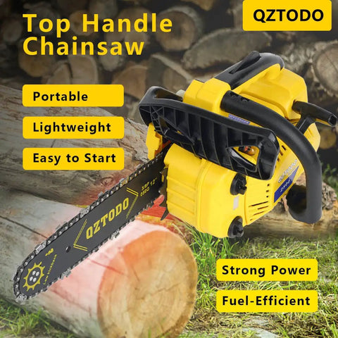 Top Handle Chainsaw Gas Powered 12 Inch Bar Tiny But Mighty Portable Little Saw 25.4cc 2 Stroke Engine Easy Start Ergonomic Grip displayed on log pile