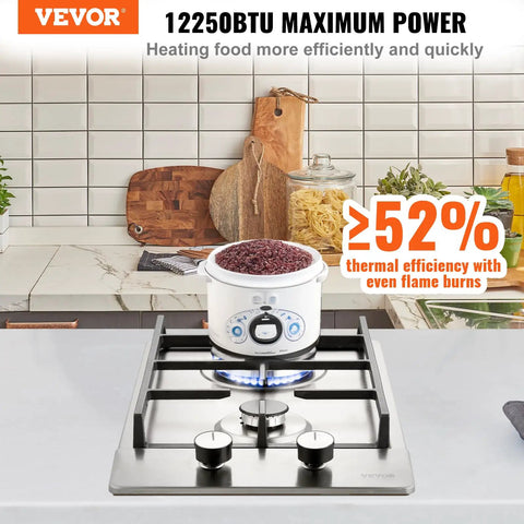 Gas Cooktop 12 Inch Two Burner Built In Stainless Steel Stove Top With 12250 BTU Max Dual Fuel Convertible LPG NG Hob Thermocouple Protection Perfect For Outdoor Kitchen RV Camping And More showing a pot on burner