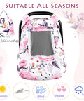 Girls Car Seat Cover Pea Pod Infant Canopy With Dual Windows And Breathable Mesh Lightweight Polyester With Minky Dot Backing displayed with floral pink design, foldable bag, and seasonal icons.