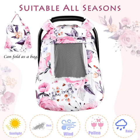 Girls Car Seat Cover Pea Pod Infant Canopy With Dual Windows And Breathable Mesh Lightweight Polyester With Minky Dot Backing displayed with floral pink design, foldable bag, and seasonal icons.