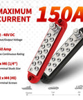 Beefy 150 Amp 12 Volt Marine Bus Bar With Copper Power Distribution Block And Cover For Boat Automotive Solar Wiring Positive Ground One Quarter Inch Terminal Studs, red and black