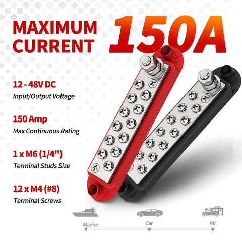 Beefy 150 Amp 12 Volt Marine Bus Bar With Copper Power Distribution Block And Cover For Boat Automotive Solar Wiring Positive Ground One Quarter Inch Terminal Studs, red and black