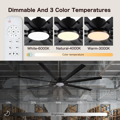 Image showing 84 Inch Smart Outdoor Ceiling Fan With Light Knockout Industrial Design, dimmable LED light, and color temperature options.