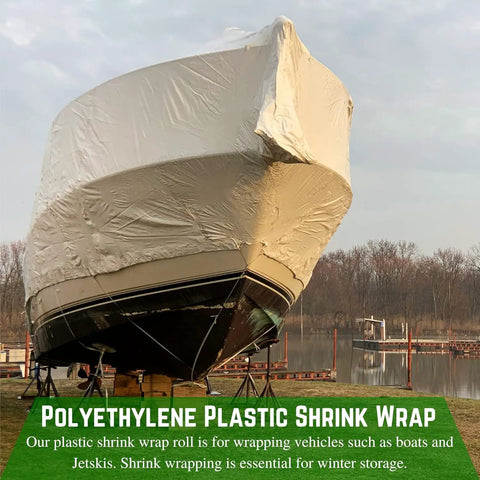 Rock Solid 7 Mil Polyethylene Shrink Wrap Roll For Boat Winter Storage UV Resistant Plastic Sheeting on wrapped boat.
