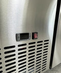 Built Tough Commercial Pizza Prep Table Refrigerator, 90 Inch Stainless Steel Workcounter, showing digital thermostat and ventilation.
