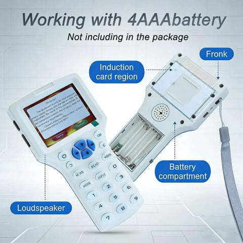 Pro Grade All In One Multi Frequency RFID Copier And Reader With battery compartment and display, white handheld device.