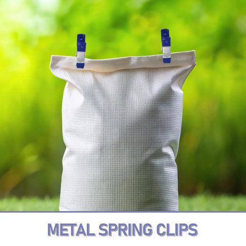 Rock Solid Metal Spring Clamps 50 Pc Assorted Set With Super Strong Jaw Grip Perfect For Woodworking Carpentry Home Repairs And Craft Projects In Red Yellow Black Blue Green Colors To Keep Stuff Stable. Blue metal spring clips holding white fabric.