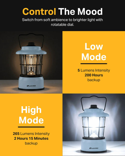 Retro LED Lantern For Outdoor Adventures And Emergencies, showing low and high mode lighting options
