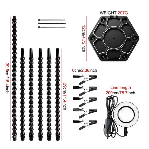 Component layout of Third Hand Soldering Tool With 6 Flexible Arms Helping Hands For PCB Work Hobby Welding Station USB DC Cooling Fans