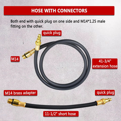 Cylinder leak-down tester kit with M14 brass adapter and quick-plug hoses.