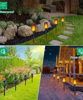 Six Pack Solar Torch Lights With Realistic Flickering Flame For Outdoor Waterproof Tiki Torches displaying in rain, sun, and snow