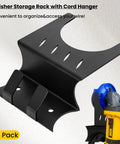 4 Pack Angle Grinder Holders Wall Mount Rack with Cord Hanger for 5 Inch Grinders in black metal, shown with insert of grinder