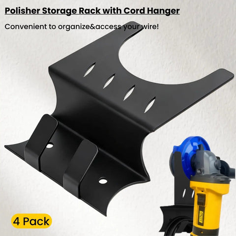 4 Pack Angle Grinder Holders Wall Mount Rack with Cord Hanger for 5 Inch Grinders in black metal, shown with insert of grinder