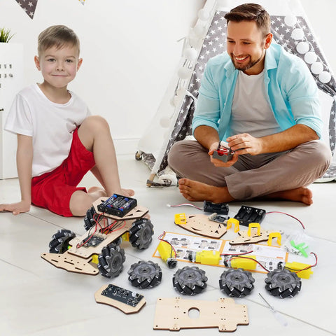 Child assembling RC Robot Car Kit For Kids Aged 8 To 16 Kid Friendly With Mecanum Wheels For Omnidirectional Movement STEM Science Kits