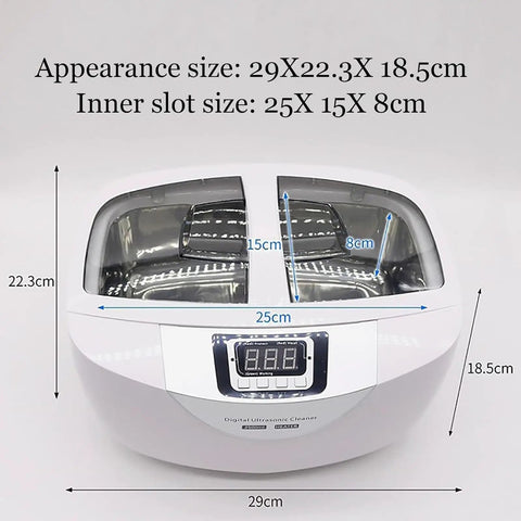 This 2.5 Liter Ultrasonic Jewelry Cleaner With 40Khz Digital Timer And Smart Heat with dimensions 29x22.3x18.5cm.