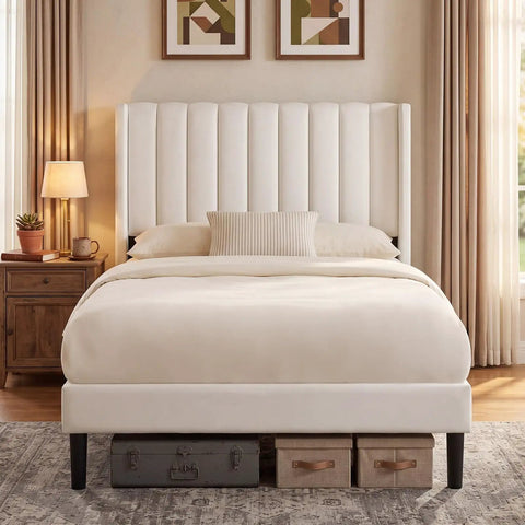 Modern Twin Bed Frame With Padded Wing Headboard And High Density Foam Upholstery Solid Wood Base Built Like A Tank Hella Comfy Zero Sag Bedroom Furniture Room Ready Design with a white padded headboard.